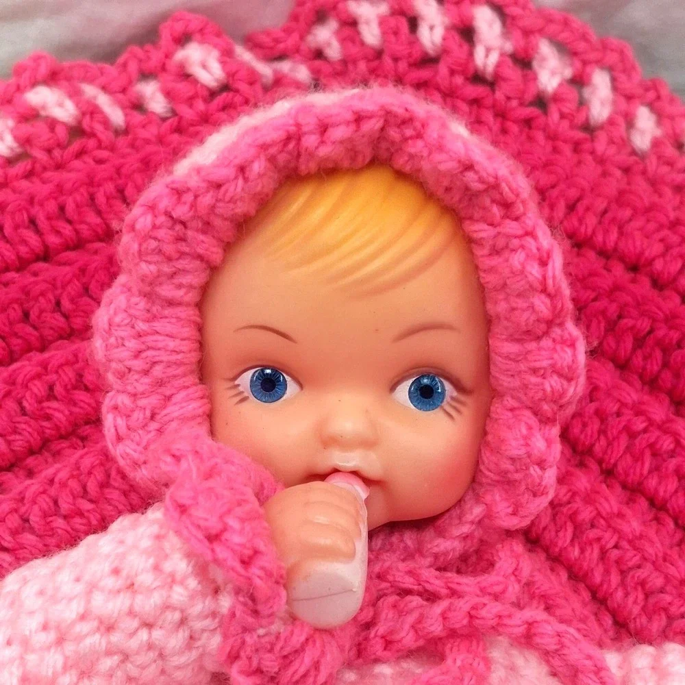 Vintage Crocheted Baby Doll In Blanket Pink and White Rubber Face Hands Granny